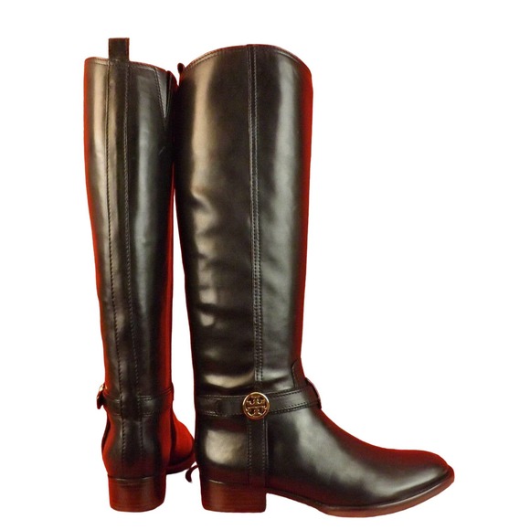 NIB TORY BURCH BRISTOL BLACK LEATHER GOLD REVA TALL HARNESS RIDING BOOTS 7.5